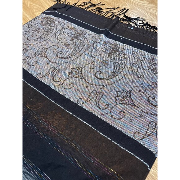 Pashmina Paisley Scarf Silk Pashmina Multicolor Scarf Fringe Sparkle 27x69" - Picture 5 of 9